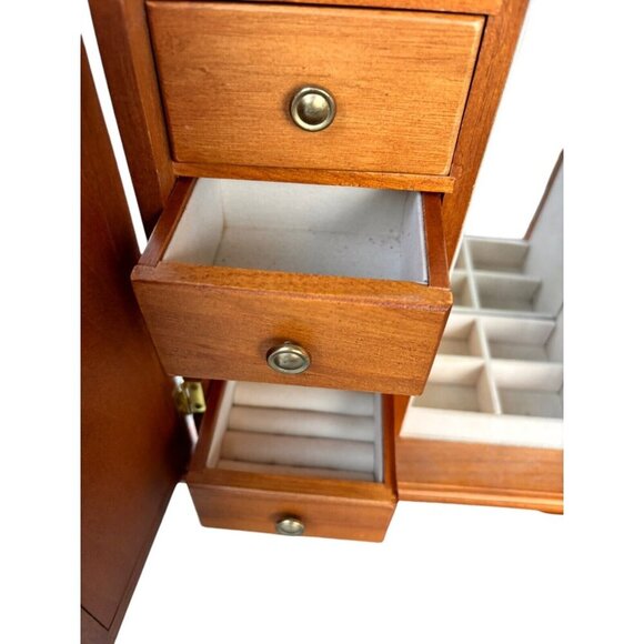 Vintage Wood Jewelry Box  2-Door Mirror 5 Drawers Armoire Lined - Picture 4 of 8